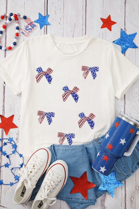 White Sequin Flag Bow Pattern Crew Neck Patriotic Tee
