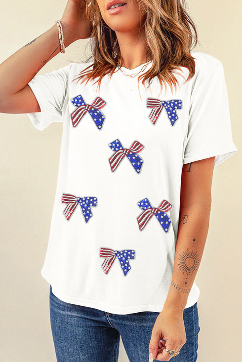 White Sequin Flag Bow Pattern Crew Neck Patriotic Tee
