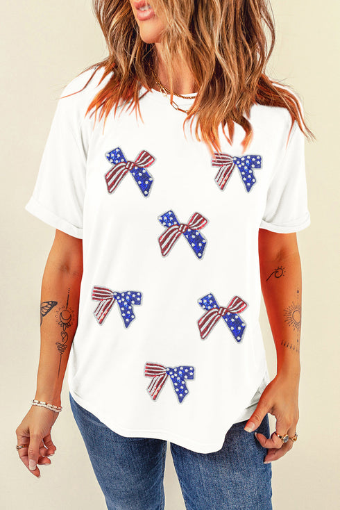 White Sequin Flag Bow Pattern Crew Neck Patriotic Tee