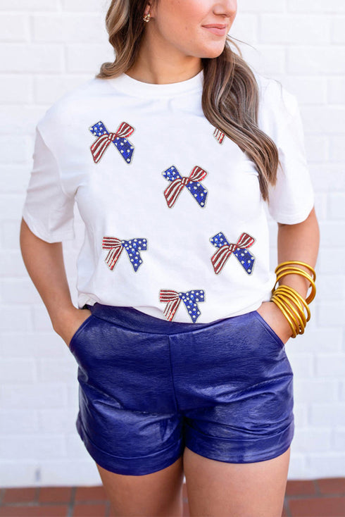 White Sequin Flag Bow Pattern Crew Neck Patriotic Tee