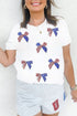 White Sequin Flag Bow Pattern Crew Neck Patriotic Tee
