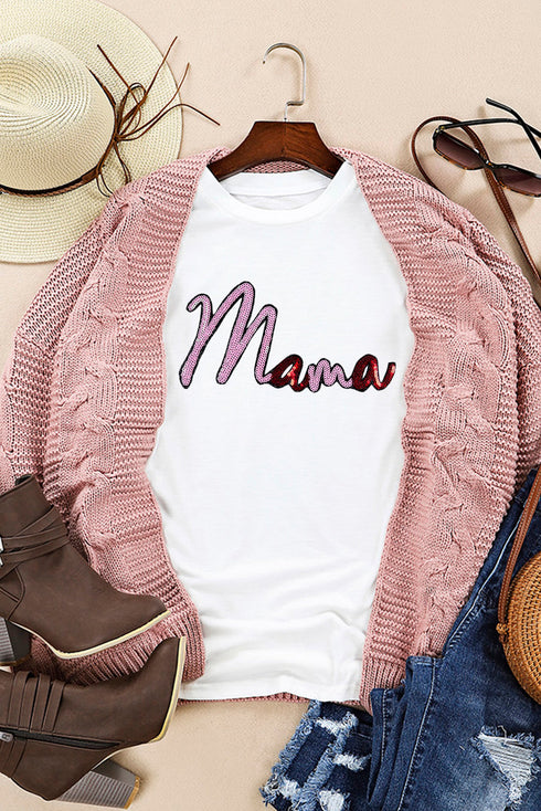 White Sequin mama Graphic Crewneck T Shirt