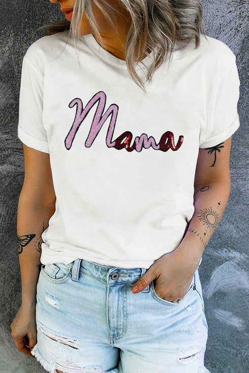 White Sequin mama Graphic Crewneck T Shirt