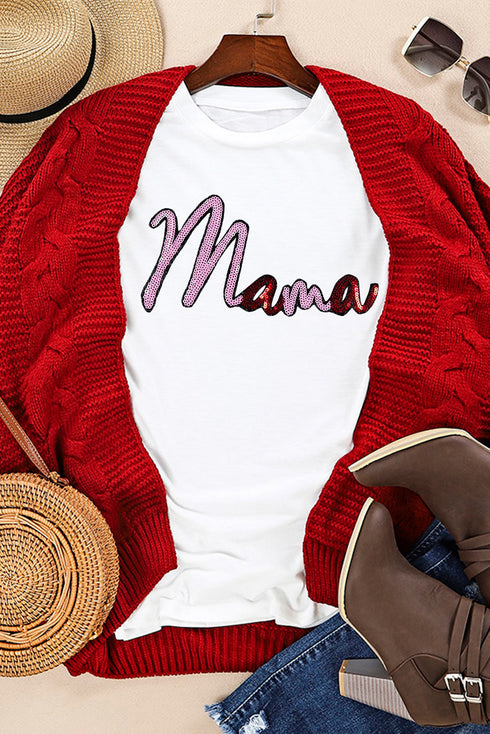 White Sequin mama Graphic Crewneck T Shirt
