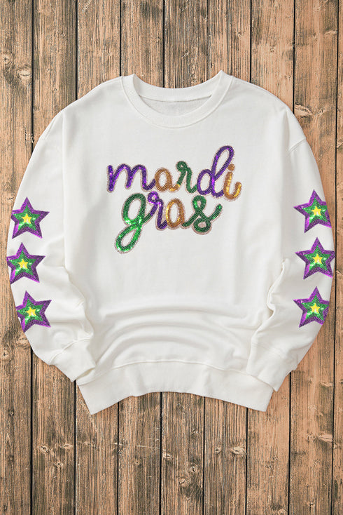 White Sequin mardi gras Graphic Star Sleeve Pullover Sweatshirt