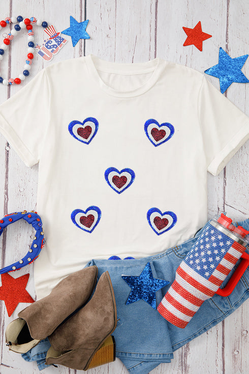 White Sequin Patriotic Heart Graphic Crewneck T Shirt