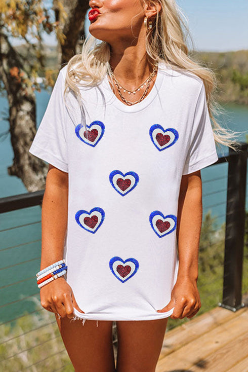 White Sequin Patriotic Heart Graphic Crewneck T Shirt