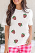 White Sequin Strawberry Patched Crew Neck T Shirt