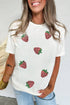 White Sequin Strawberry Patched Crew Neck T Shirt