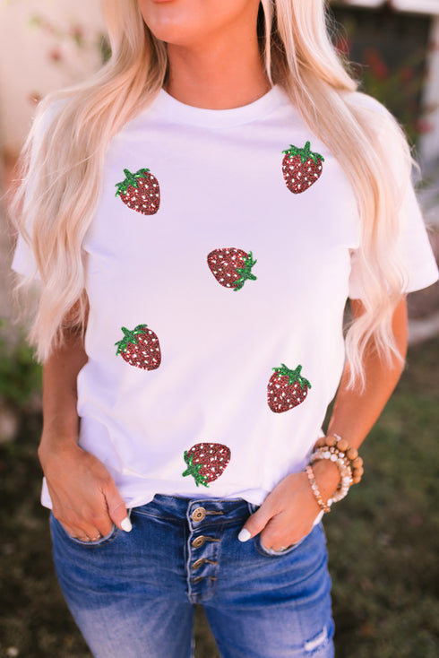 White Sequin Strawberry Patched Crew Neck T Shirt