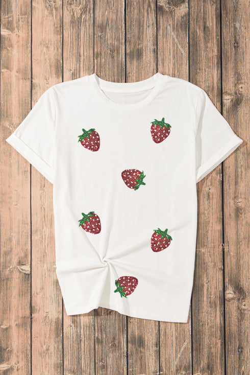 White Sequin Strawberry Patched Crew Neck T Shirt
