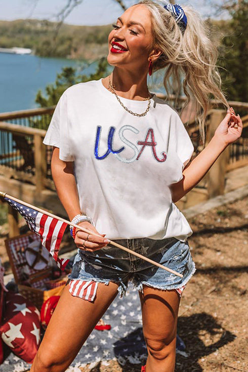 White Sequin USA Graphic Crew Neck Patriotic Tee