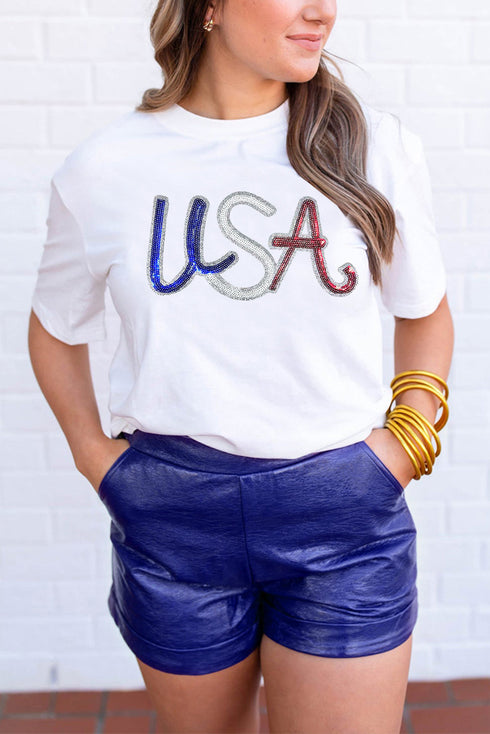White Sequin USA Graphic Crew Neck Patriotic Tee