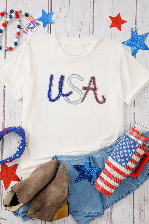 White Sequin USA Graphic Crew Neck Patriotic Tee