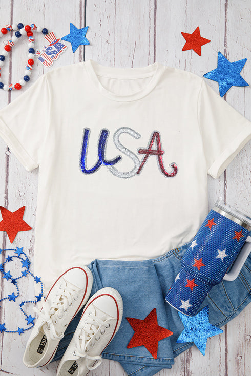 White Sequin USA Graphic Crew Neck Patriotic Tee