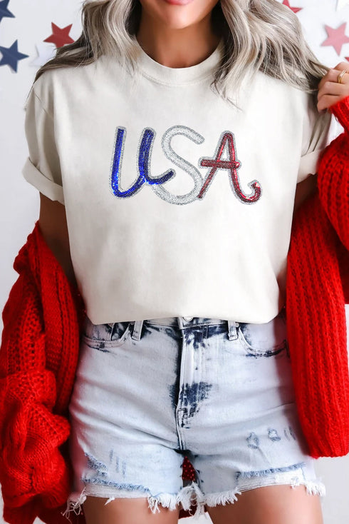 White Sequin USA Graphic Crew Neck Patriotic Tee