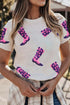 White Sequin Western Boots Round Neck T Shirt