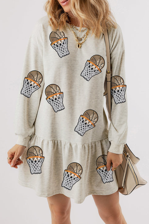 White Sequined Basketball Patched Ruffled Long Sleeve Mini Dress