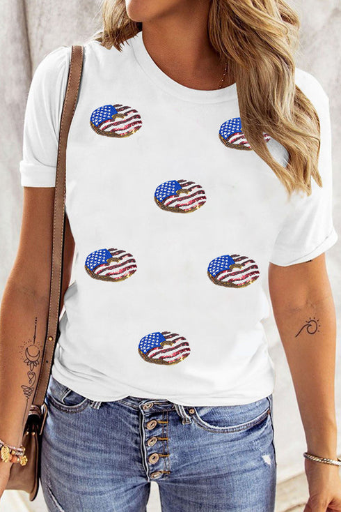White Sequined Flag Pattern Donuts Graphic T Shirt