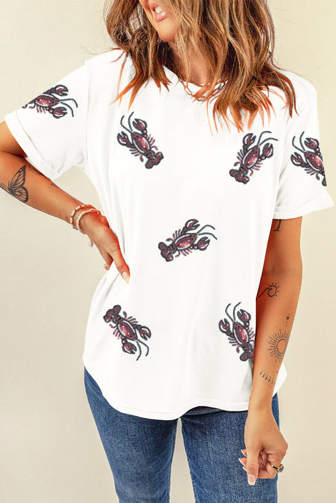 White Sequined Lobster Crewneck Tee
