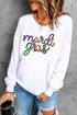 White Sequined mardi gras Graphic Crew Neck Drop Shoulder Sweatshirt