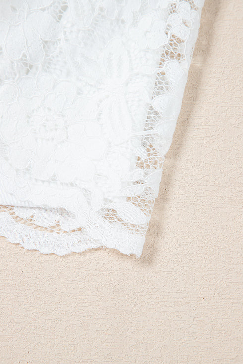 White Short Sleeve Scalloped Floral Lace Peplum Blouse