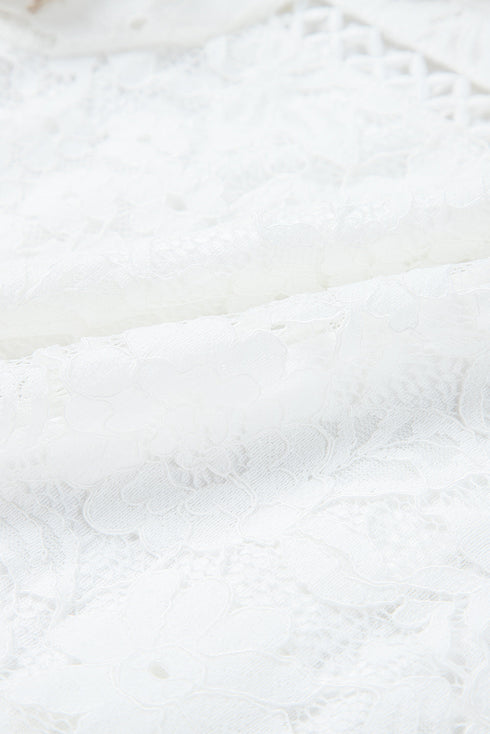 White Short Sleeve Scalloped Floral Lace Peplum Blouse