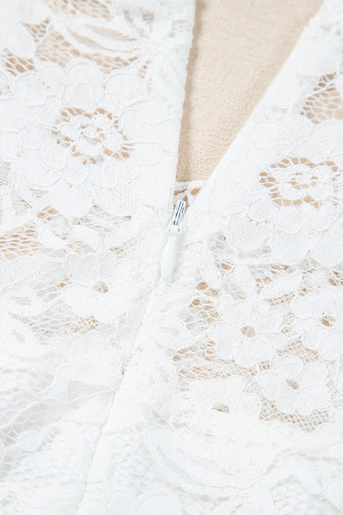 White Short Sleeve Scalloped Floral Lace Peplum Blouse