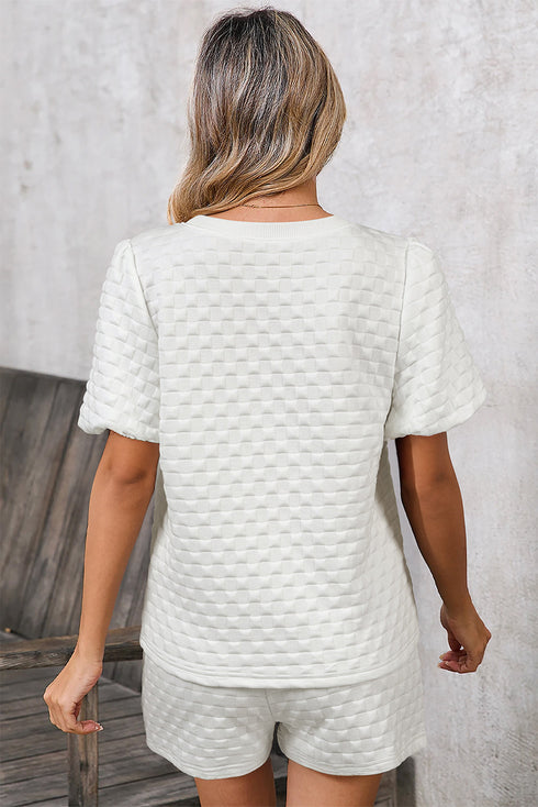 White Solid Color Checkered Texture Short 2pcs Outfit