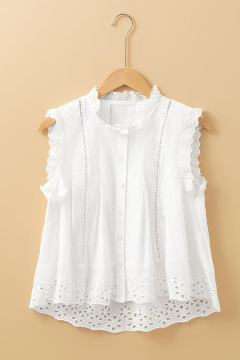 White Solid Color Lace Crochet Eyelets Sleeveless Buttoned Shirt