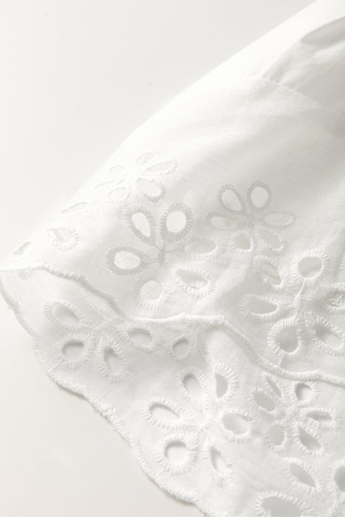 White Solid Color Lace Crochet Eyelets Sleeveless Buttoned Shirt