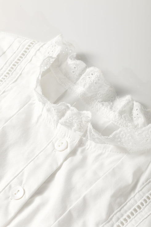 White Solid Color Lace Crochet Eyelets Sleeveless Buttoned Shirt