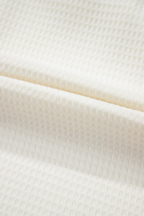 White Solid Color Ruffle Trim Waffle Knit Blouse