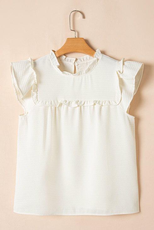 White Solid Color Ruffle Trim Waffle Knit Blouse