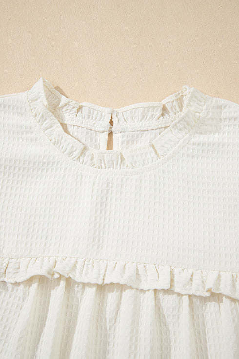White Solid Color Ruffle Trim Waffle Knit Blouse