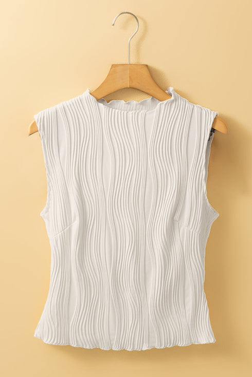 White Solid Color Wavy Textured Round Neck Tank Top
