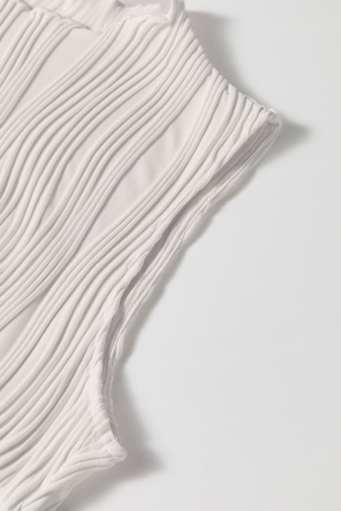 White Solid Color Wavy Textured Round Neck Tank Top