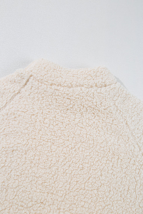 White Solid Fleece High Neck Drop Shoulder Pullover Sweatshirt