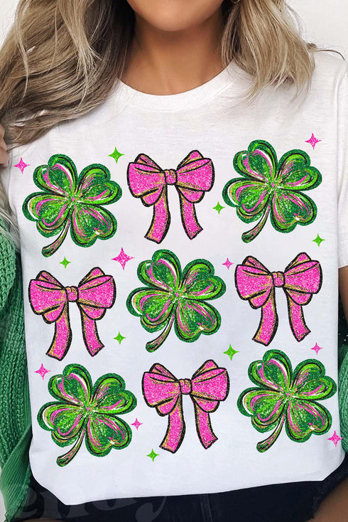 White St Patrick Shamrock Bowknot Printed Crewneck Tee