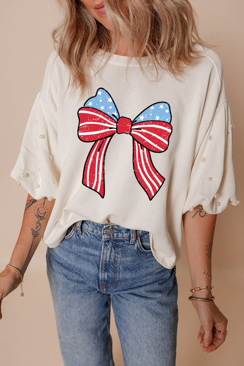 White Stars Stripes Bowknot Graphic Pearled Puff Half Sleeve T Shirt