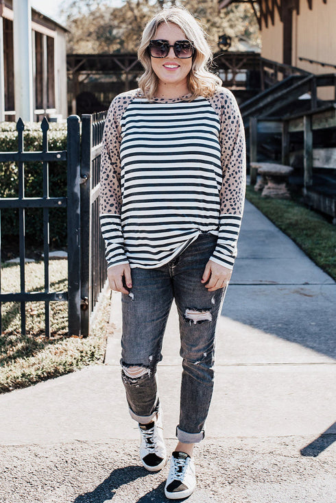 White Stripe Cheetah Raglan Top