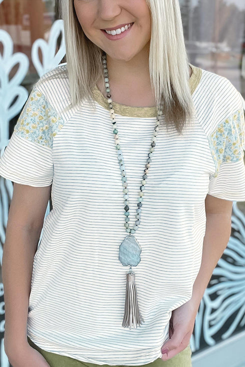 White Stripe Floral Insert Sleeves Contrast Round Neck Tee