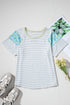 White Stripe Floral Insert Sleeves Contrast Round Neck Tee