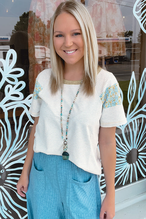 White Stripe Floral Insert Sleeves Contrast Round Neck Tee