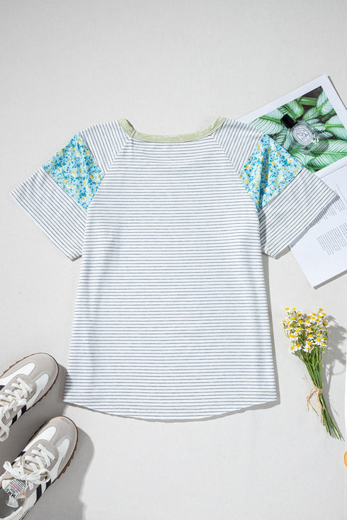 White Stripe Floral Insert Sleeves Contrast Round Neck Tee