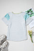 White Stripe Floral Insert Sleeves Contrast Round Neck Tee