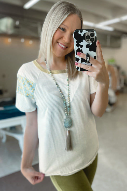 White Stripe Floral Insert Sleeves Contrast Round Neck Tee