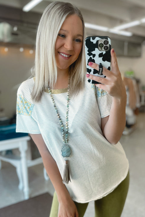 White Stripe Floral Insert Sleeves Contrast Round Neck Tee