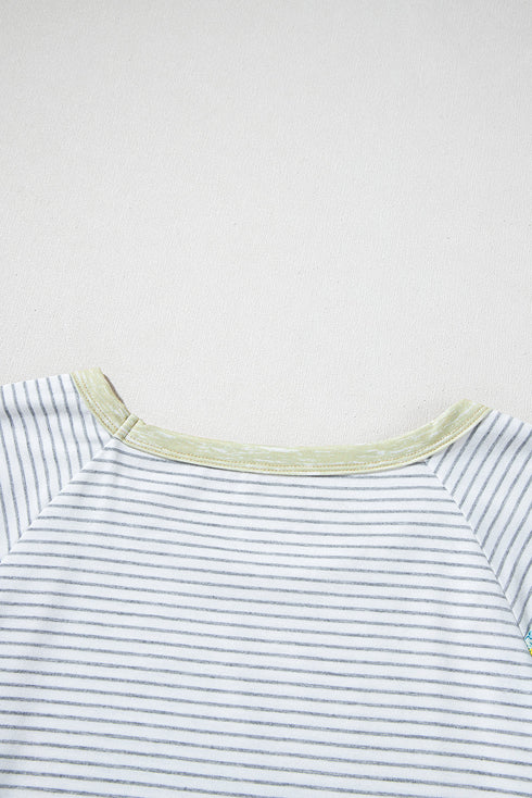 White Stripe Floral Insert Sleeves Contrast Round Neck Tee