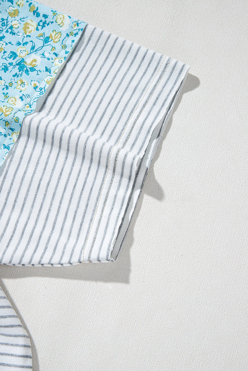 White Stripe Floral Insert Sleeves Contrast Round Neck Tee